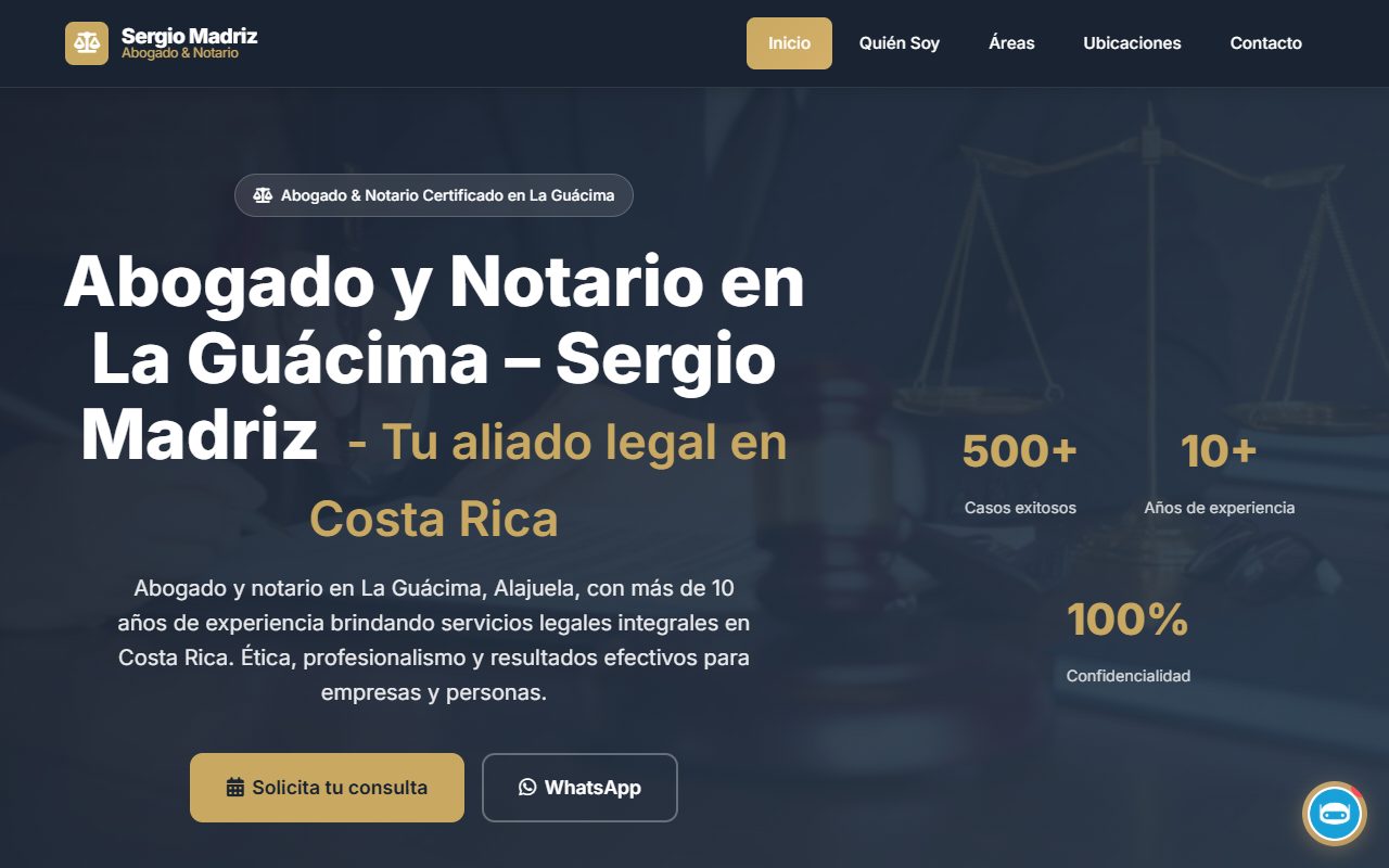 Vista del sitio de Abogados de la Guácima